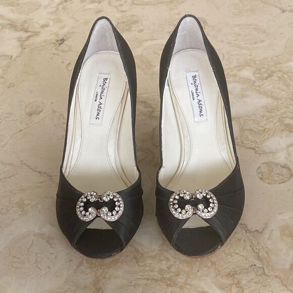 Benjamin Adams London Black Satin & Swarovski Crystals Peep Toe Evening Heels - Picture 4 of 16